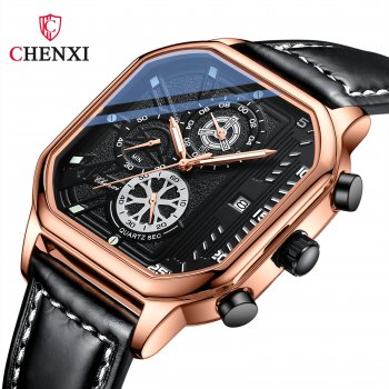 Chenxi Square Multifunctional Men's Watch Wholesale Chronograph Calendar Luminous Belt Hot Selling Quartz Watch