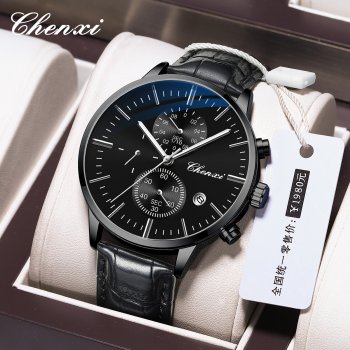 Chenxi multifunctional watch men's calendar black leather strap three-eye six-pin waterproof luminous chronograph quartz watch