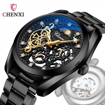 CHENXI watch men's mechanical watch waterproof luminous sun, moon and stars inlaid diamond fully automatic hollow mechanical wat