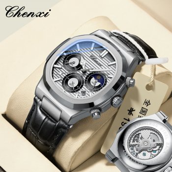 Chenxi transparent bottom multifunctional watch true three-eye calendar chronograph luminous waterproof trendy quartz watch