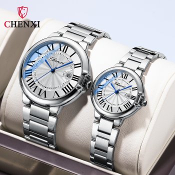 Chenxi Roman Couple Calendar Blue Pink White Steel Waterproof Luminous Classic Spherical Quartz Watch