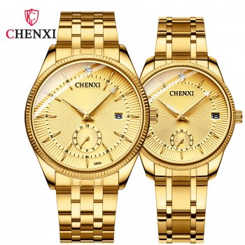 Chenxi couple watch full gold couple watch two-pin half calendar men and women quartz watch