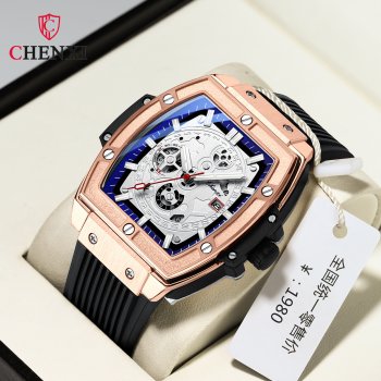 Barrel square rivet trendy high-end men's watch Chenxi new calendar waterproof luminous silicone strap quartz watch