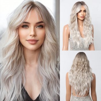 Gradient platinum figure bangs, face-shaping long curly hair, natural lazy fashionable wig
