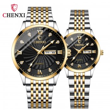 Business dual calendar watch couple steel band watch manufacturer spot wholesale CHENXI diamond men and women quartz watch
