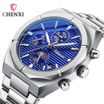 Chenxi Multifunctional Men's Watch Moon Phase Calendar Chronograph Waterproof Black Steel Strap