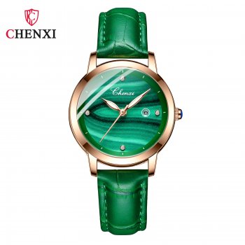 Chenxi small square watch for women genuine leather fashion waterproof peacock stone pattern watch female ins style small green