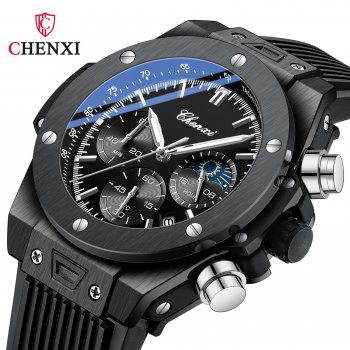 Chenxi new rivet cool multifunctional men's watch moon phase timing calendar silicone strap quartz watch men