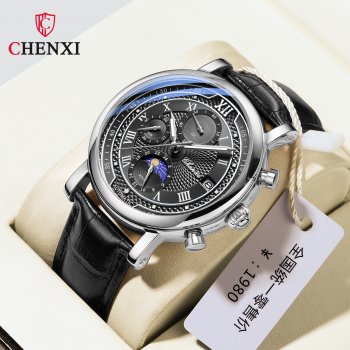 Chenxi multifunctional true three-eye six-pin men's watch moon phase calendar timing business quartz watch