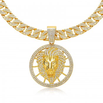 Full diamond lion head pendant retro domineering gold-plated Cuban chain hip-hop accessories