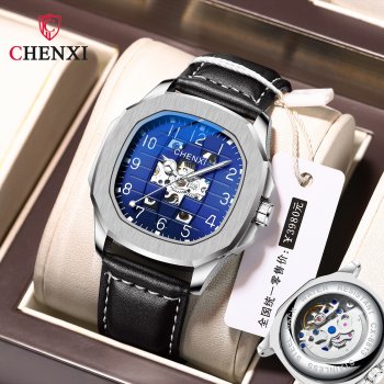 Chenxi new genuine leather high-end square mechanical watch for men waterproof luminous automatic hollow mechanical watch