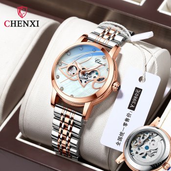 Chenxi new fashion luminous waterproof watch for women solid steel belt hollow automatic mechanical watch