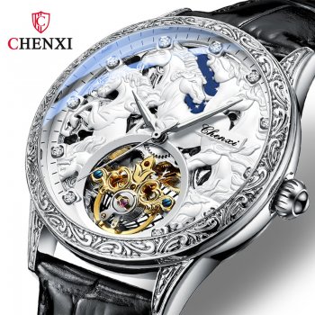 Chenxi Eight Horses Mechanical Watch Men's Genuine Leather High-end Fully Automatic Hollow Luminous Waterproof Flywheel Mechanic
