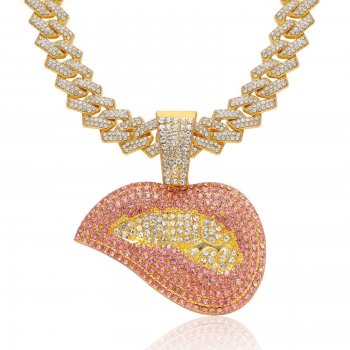 Hip-hop pink lips pendant necklace sexy temperament clavicle chain alloy full diamond lips Cuban chain