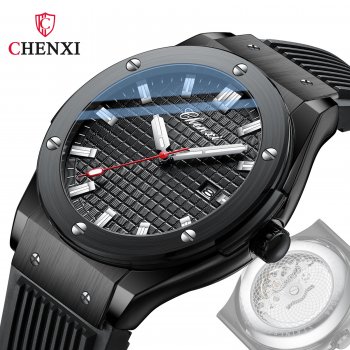 Chenxi seconds movement transparent bottom calendar men's watch silicone strap fashion quartz watch men