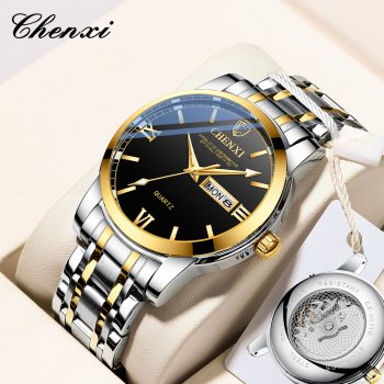 Chenxi watch men's watch through the bottom sweep second movement dual calendar fashion business watch waterproof luminous steel