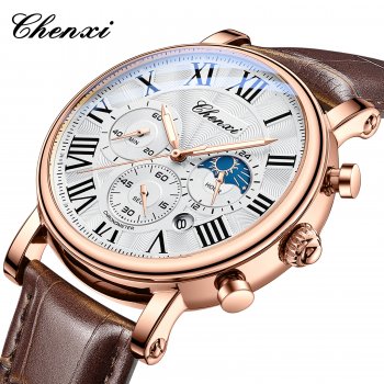 Chenxi multifunctional men's business watch moon phase calendar waterproof Roman watch