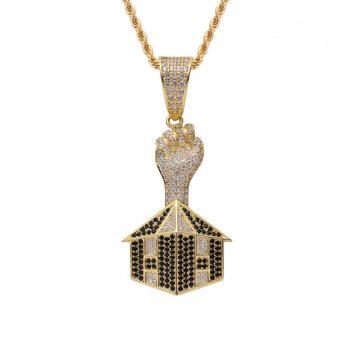 Men's fist house pendant real gold electroplated copper inlaid zircon hiphop necklace