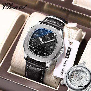 Chenxi watch men's leather watch with sweeping seconds through the bottom movement men's quartz watch calendar luminous waterpro