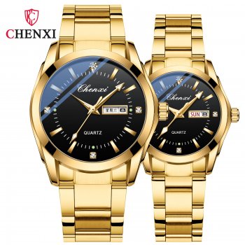Chenxi fashion couple watch dual calendar with diamond steel strap men's and women's quartz watch