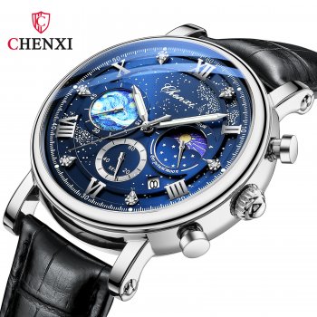 Morning Sun Moon Star Multifunctional Fashion Men's Watch Luminous Moon Phase Chronograph Calendar Quartz Watch Men