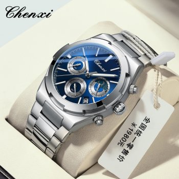 Chenxi men's watch multi-function watch calendar moon phase chronograph men's watch steel belt luminous waterproof