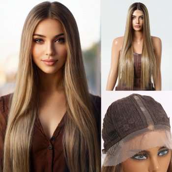 Temperament Long Hair Natural Invisible Front Lace Head Woven center paerted No Bangs Full head Covering Wig Temperament Long Hair Natural Invisible Front Lace Head Woven center paerted No Bangs Full head Covering Wig
