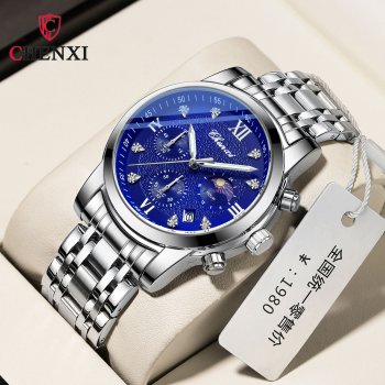 Chenxi watch new men's multi-function three-eye six-pin moon phase sports quartz calendar waterproof luminous watch