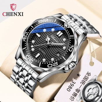 Chenxi mechanical watch for men, fully automatic calendar, luminous, waterproof, genuine leather strap, fashionable, high-end bu