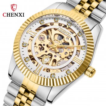 Chenxi classic fully automatic mechanical watch for men gold solid steel strap hollow strap drilled bottom watch