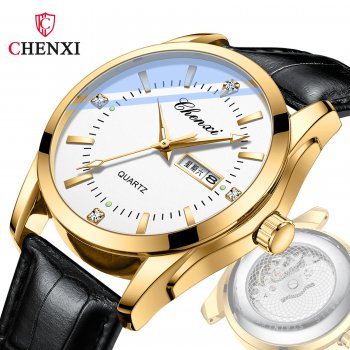 Hot sale Chenxi double calendar transparent fake mechanical fashion business watch with diamond luminous leather belt quartz wat