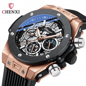 Chenxi multifunctional cool men's watch geometric rivet moon phase chronograph luminous quartz watch