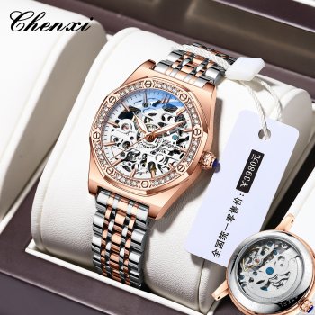 Chenxi popular watch for women solid steel strap ladies fashion with diamond hollow automatic mechanical watch waterproof lumino