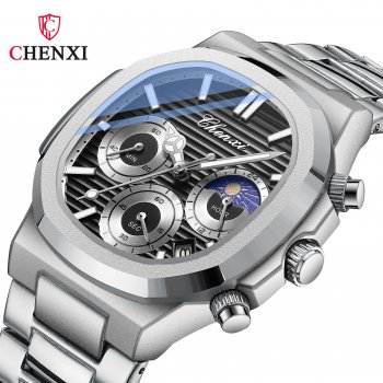 Chenxi multi-function true three-eye six-pin men's watch calendar moon phase chronograph octagonal quartz watch