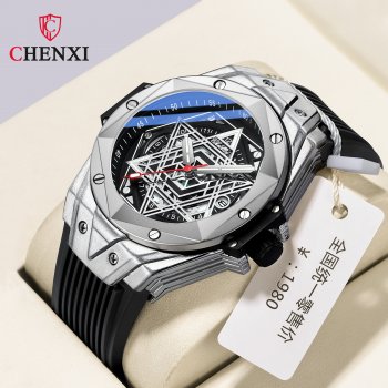 CHENXI Geometric Prismatic Rivet Cool Watch Calendar Silicone Luminous Waterproof Men's Quartz Watch