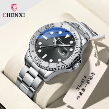 Chenxi new watch men's solid steel belt calendar luminous waterproof ghost fashion business quartz watch