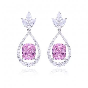 Hot sale fat rectangular pink high carbon diamond S925 silver plated white gold earrings