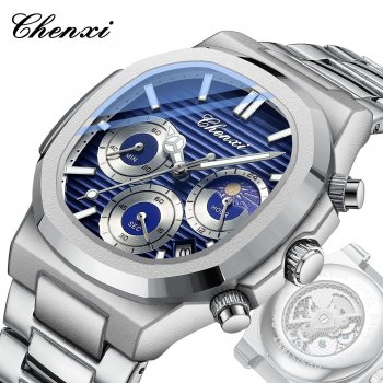 Chenxi transparent bottom multi-function true three-eye calendar chronograph luminous waterproof steel belt trendy quartz watch